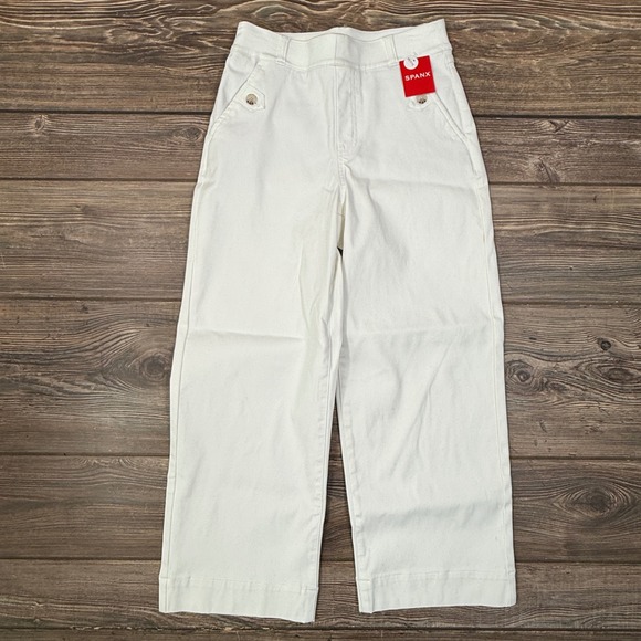Spanx Women Stretch Twill Cropped Wide Leg Pants Size Small Petite White New - Picture 3 of 9